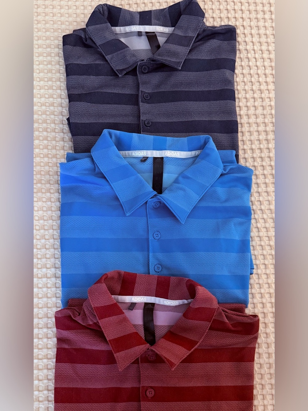 Bundle of 3 adidas Men’s Blue, Red and Grey Striped Polo shirts